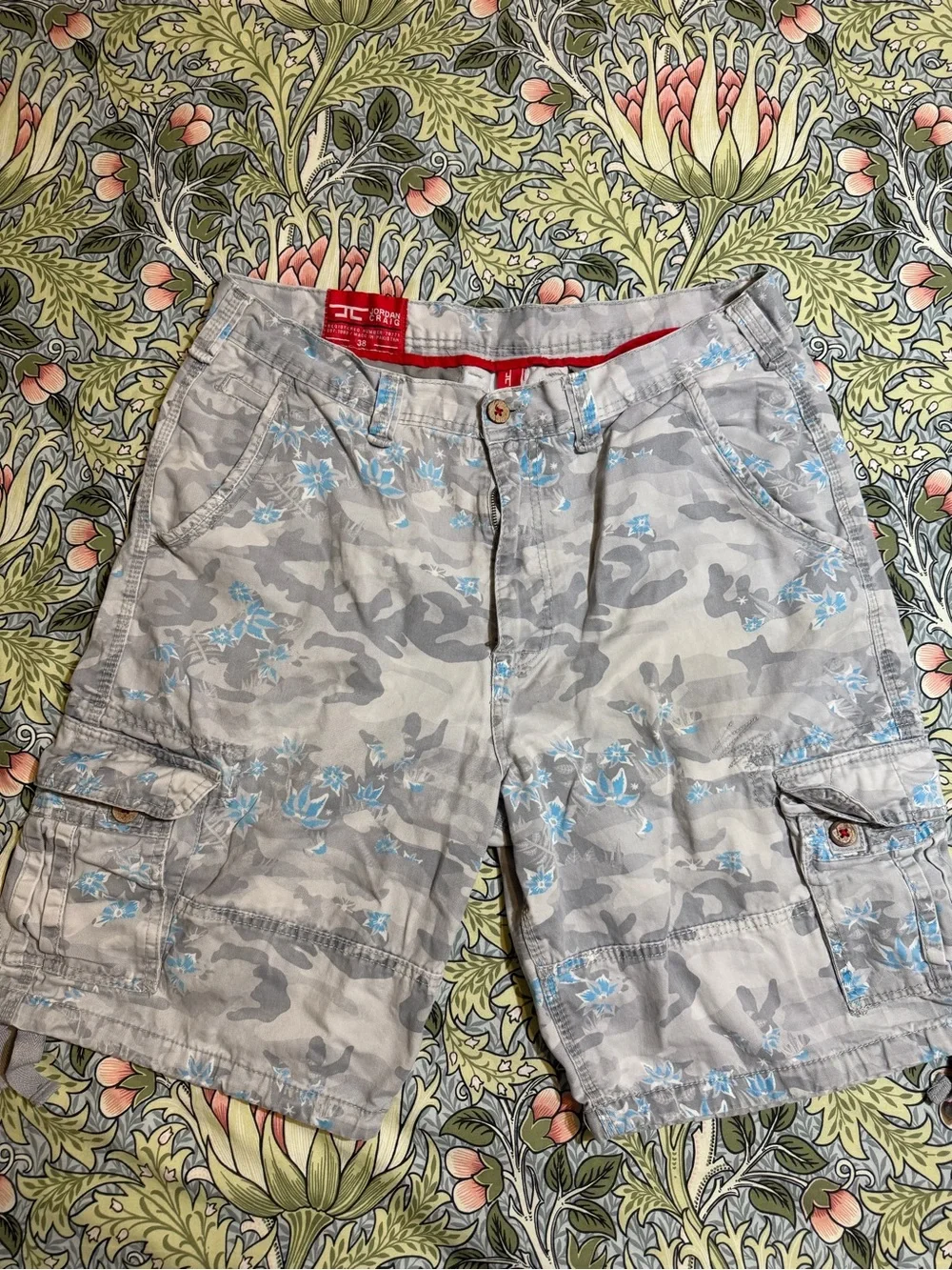 Jordan Craig Men's Gray Camo Cargo Shorts with Blue Floral Accent